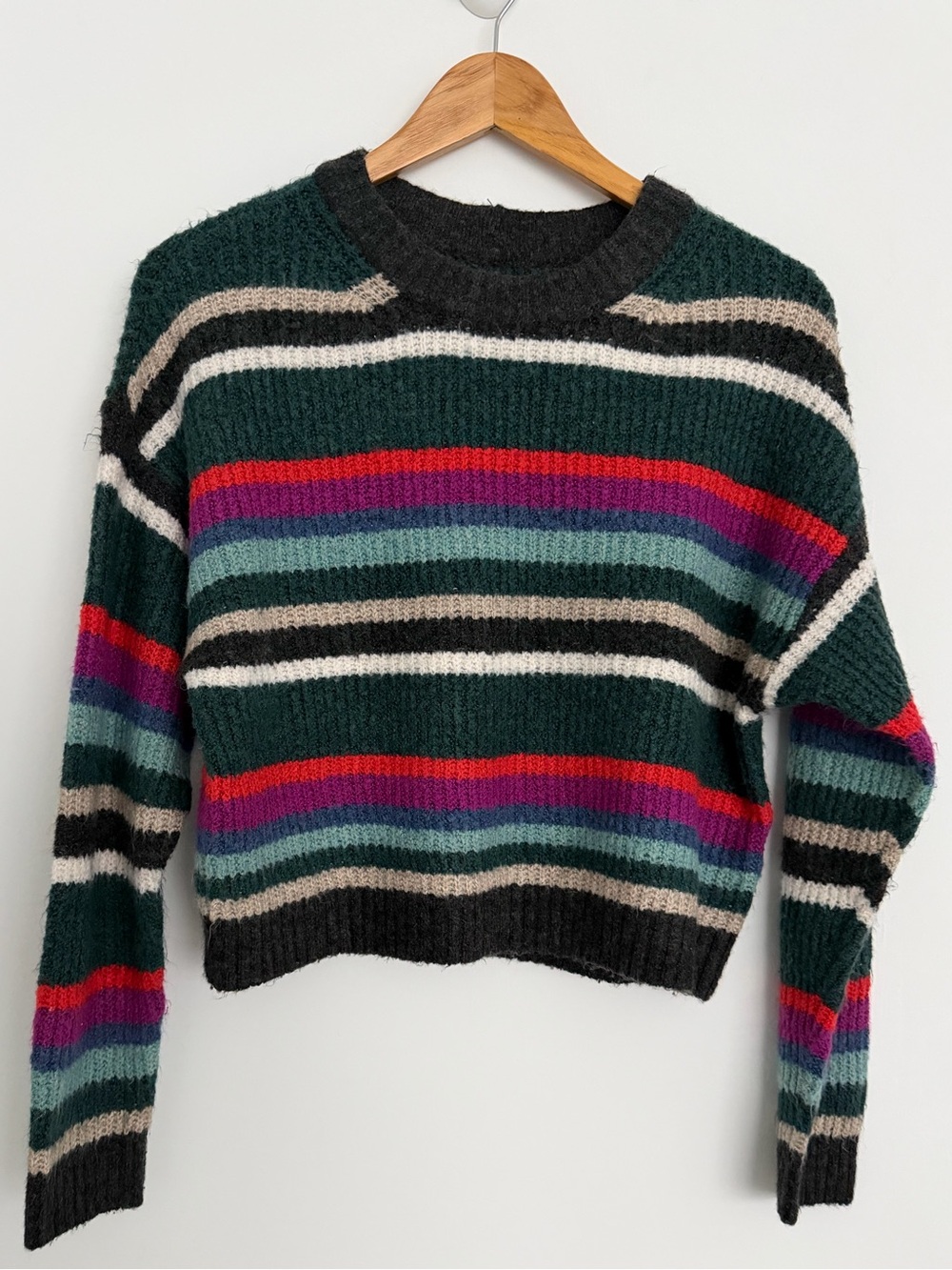 Cozy Striped Crewneck Crop Sweater Forest Green small y2K 90s academia cottage